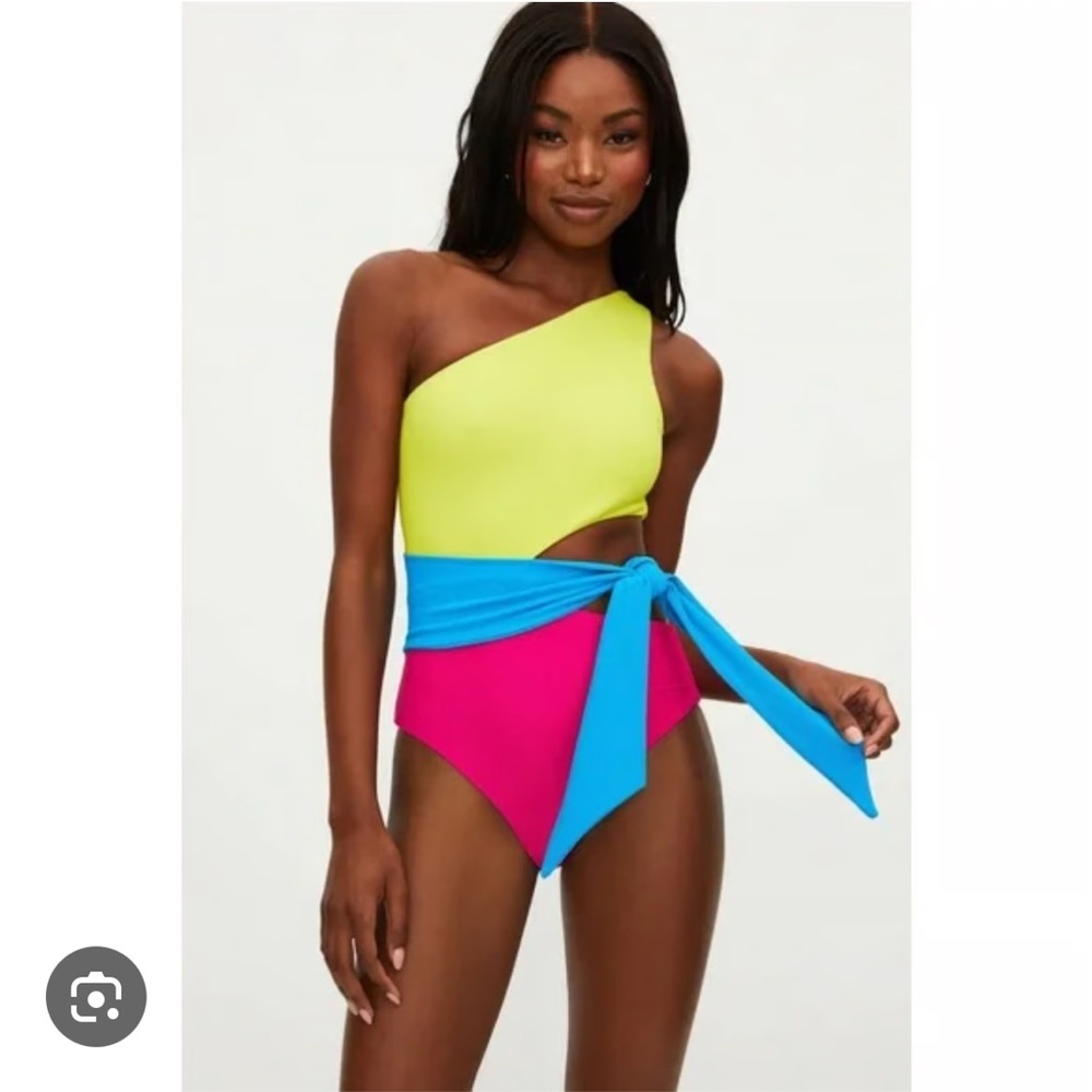Beach Riot "Carlie" One-Shoulder Swimsuit / Retro Color block